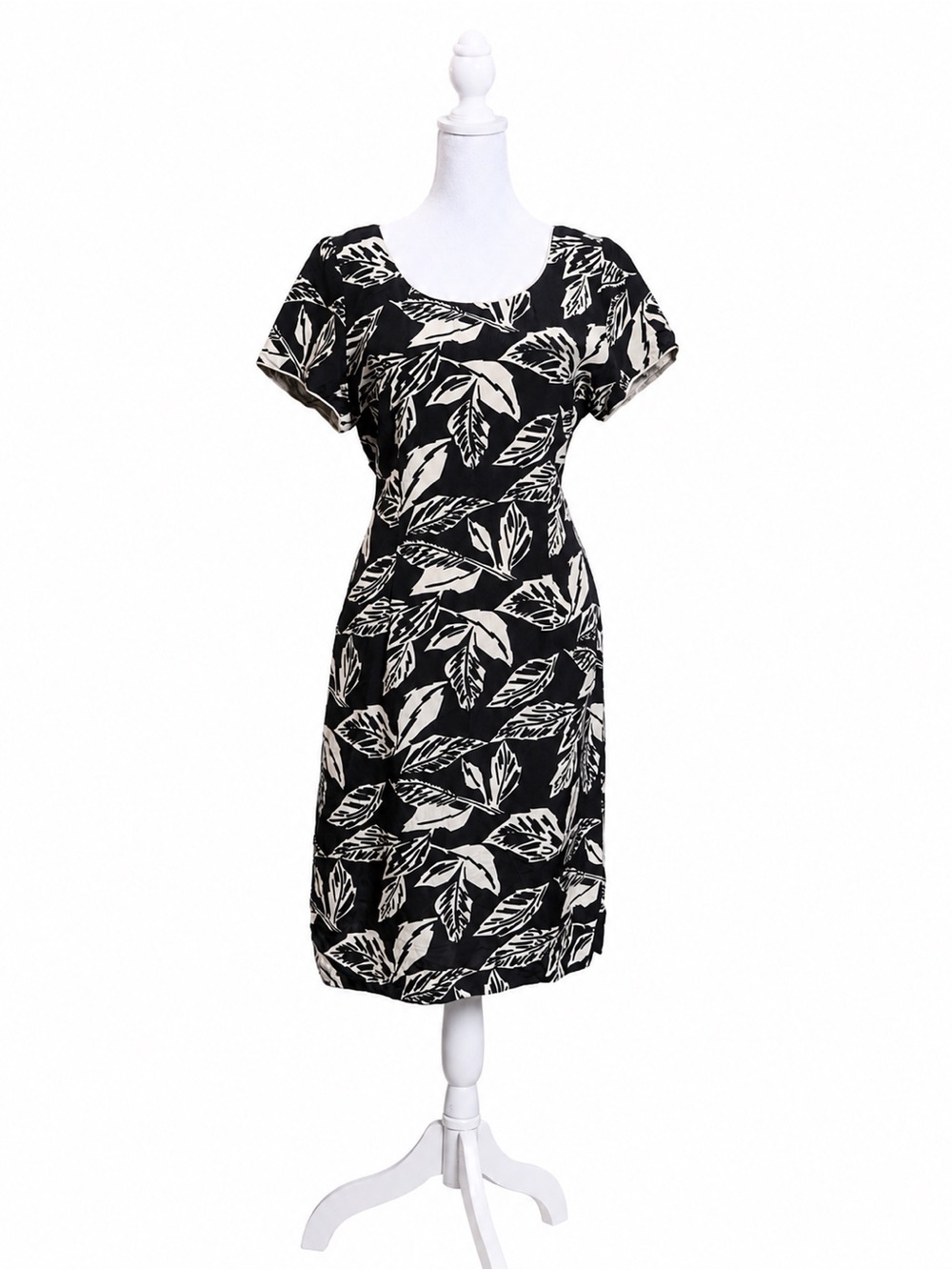 Silk Studio 100% Silk Leaf Print Sheath Dress Size 8 Black Ivory